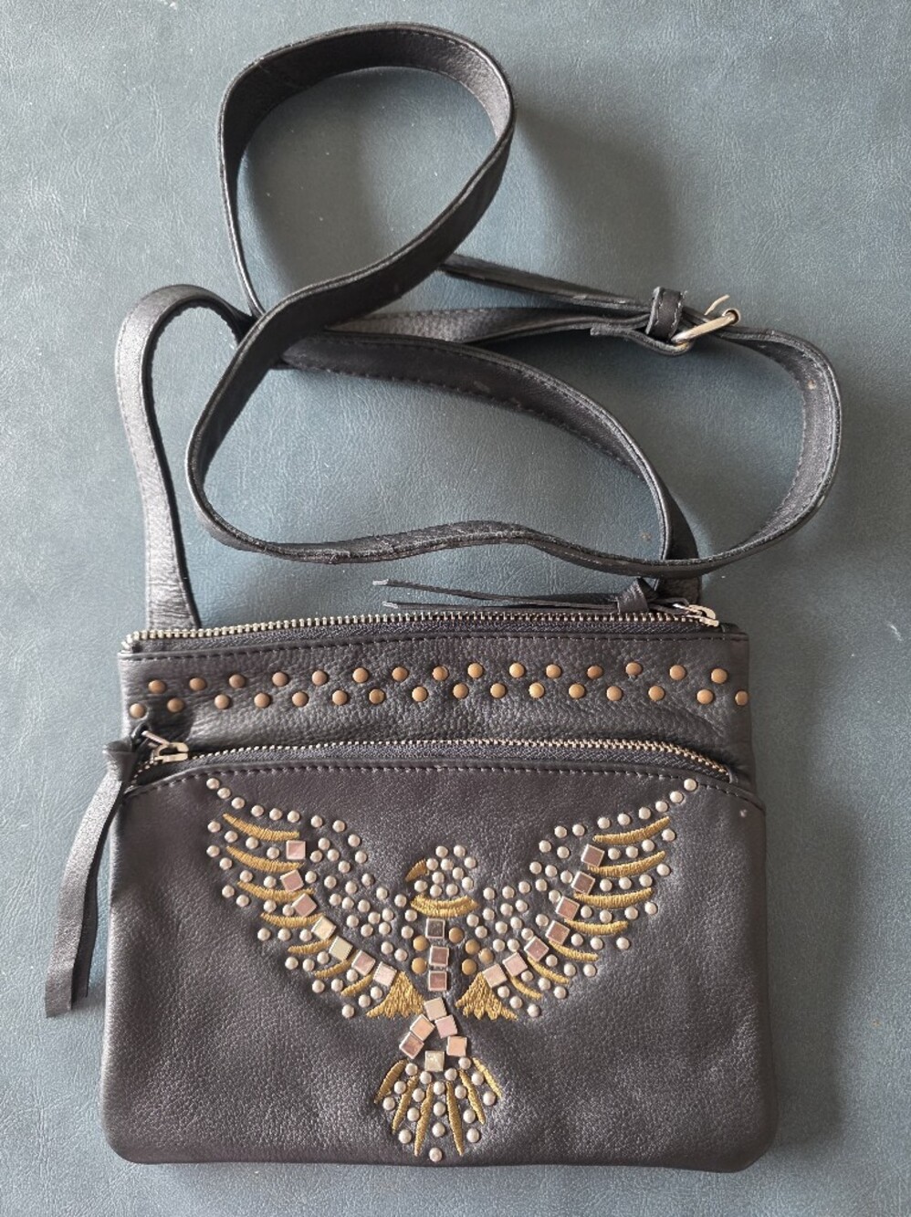 Idyllwind Fueled By Miranda Studded Black Leather Crossbody Bag with Eagle Motif